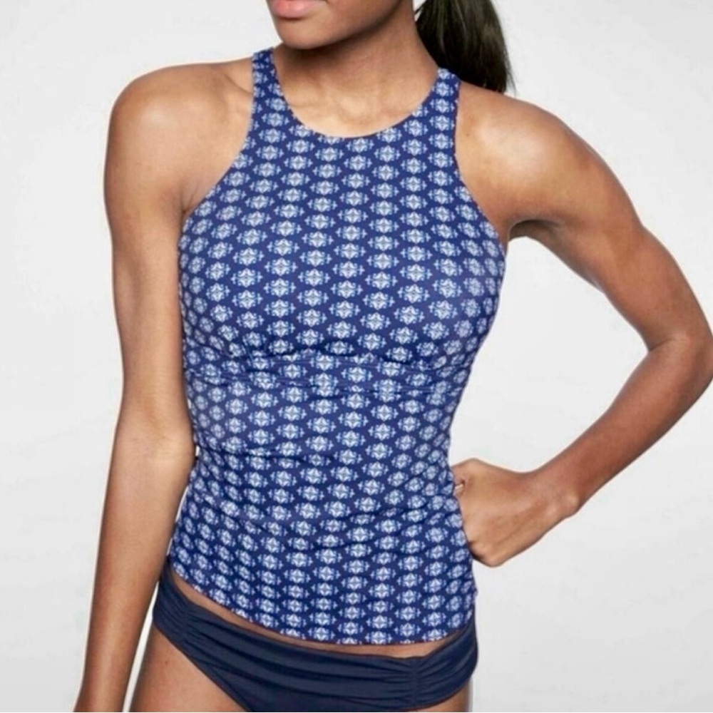 Athleta Tangier High Neck Tankini Bikini Navy Top Wired Great Support S 32 B/C